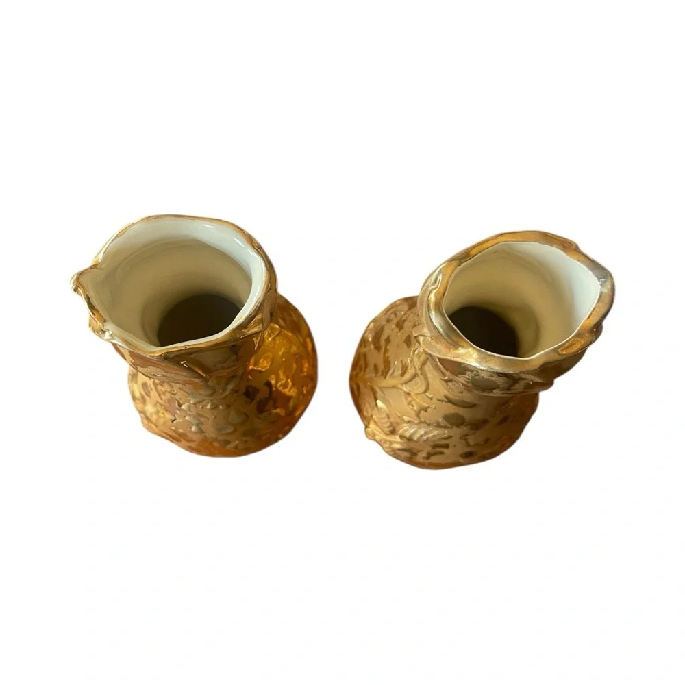 Vtg Weeping 24K Gold Embossed Vases Ceramic Pair 7.5